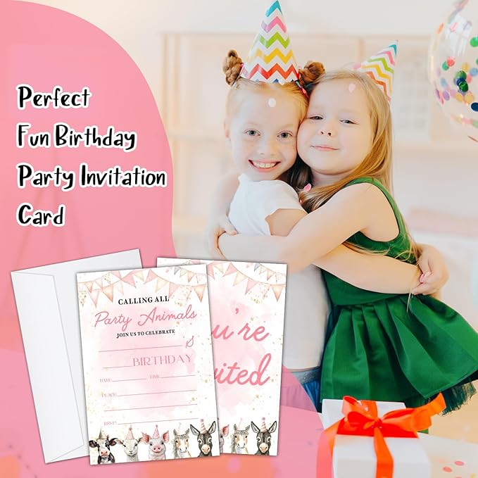 Farm Animals Birthday Party Invitation Cards for Girls Boys, Calling All Party Animals Birthday Celebration Party Invite Cards Supplies, 20 Double-Sided Fill In Invites With Envelopes -05