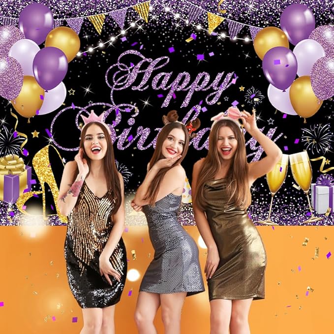 Happy Birthday Banner - Birthday Decorations for Women Girls Purple Birthday Party Banners Welcome Happy Birthday Background Sign for Theme Party Decorations Indoor Outdoor