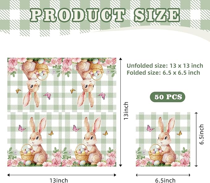 Easter Bunny Paper Napkins - 50Pcs Disposable Decorative Napkins for Easter Party, Spring Dinner, Bunny Themed Table Decorations