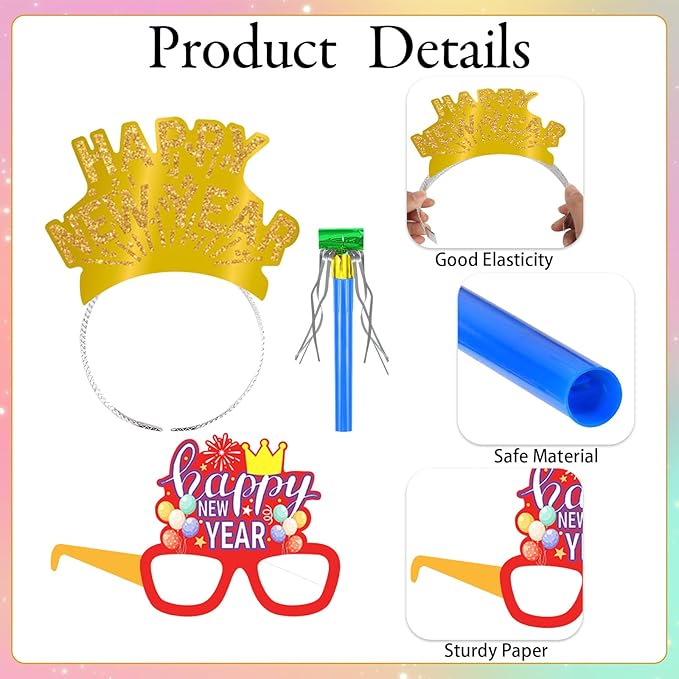 Openfly 24Pcs New Years Eve Party Supplies 2026 Happy New Years Party Headband Hats New Year Glasses New Year Noise Makers