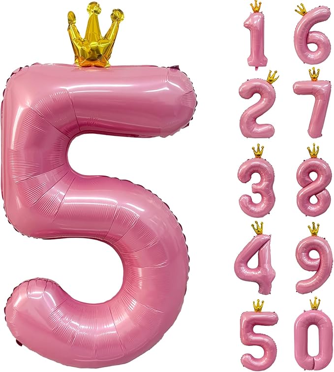 40 inch Pink Number 5 Balloon with Crown, Pink Crown Balloons 0-9 for 5th Birthday Party Anniversary Decorations Supplies