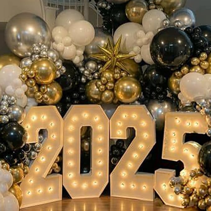 Black and Gold Balloon Garland Arch Kit New Year with 4D Disco Ball Explosion Star Balloons, Black Silver Gold Balloons for 2026 New Year Eve Grad Birthday Retirement Party Decorations