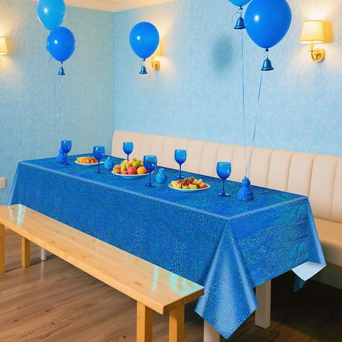 4Pcs Blue Holographic Tablecloths Rectangular Blue Iridescent Tablecloth Shimmer Metallic Table Covers for Baby Shower Birthday Wedding Ocean Theme, 54x108Inch