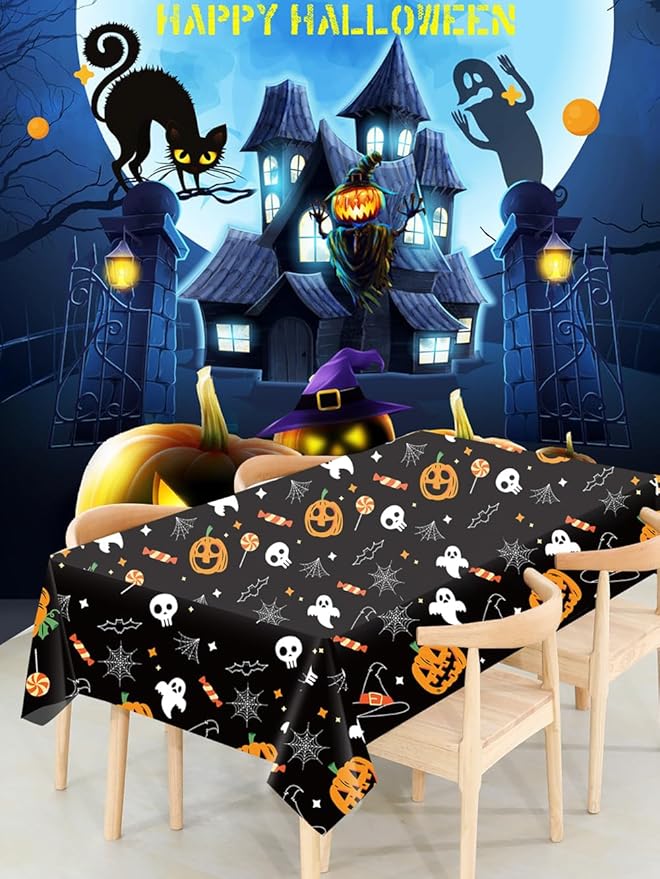 2Pack Halloween Plastic Tablecloths Christmas Plastic Table Covers Cloths BBQ Picnic Halloween Party Oil-Proof Waterproof Table Cloth Pumpkin Ghost TableCover 54 x 108 in