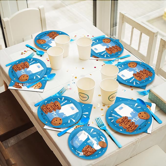 96 Pcs Milk and Cookies Party Paper Plates and Napkins Bundle Chocolate Chip Cookies and Milk Drinks Party Birthday Decorations Plates Napkins Forks for Party Favors 24 Guests