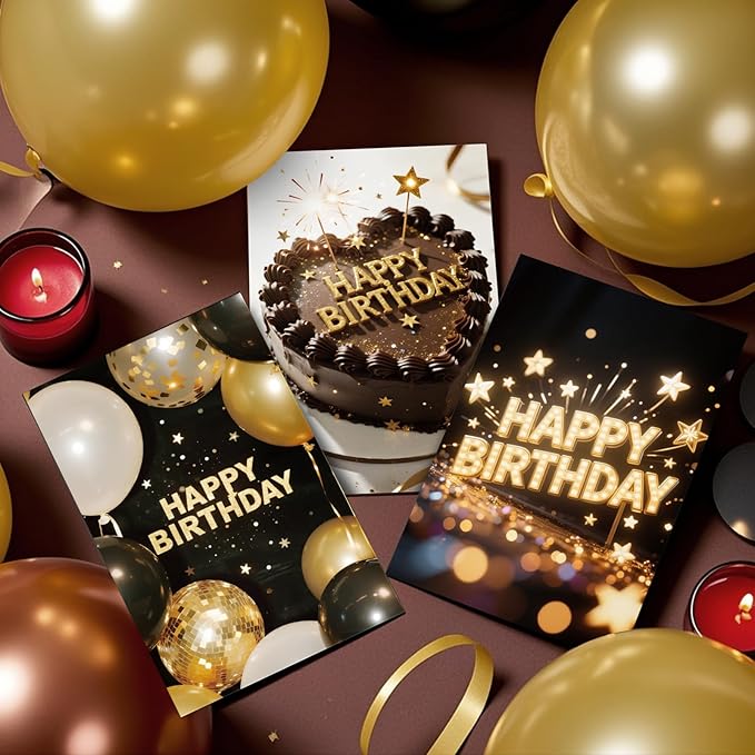 20 Pack Birthday Cards for Women, Messages, Envelopes, and Stickers | 4x6 Inch Happy Birthday Cards Bulk for Family, Kids, Friends, Work, and Office Celebrations. (20 Pcs Cards With Black and gold style)