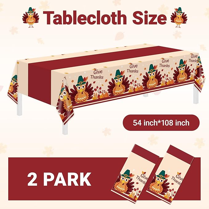 Thanksgiving Tablecloth,2 Pack Disposable Plastic Tablecloths for Rectangle Tables 54"x108",Thanksgiving Decorations,Turkey Table Cloths for Home,Dinner,Give Thanks Table Cover for Picnic,Birthday