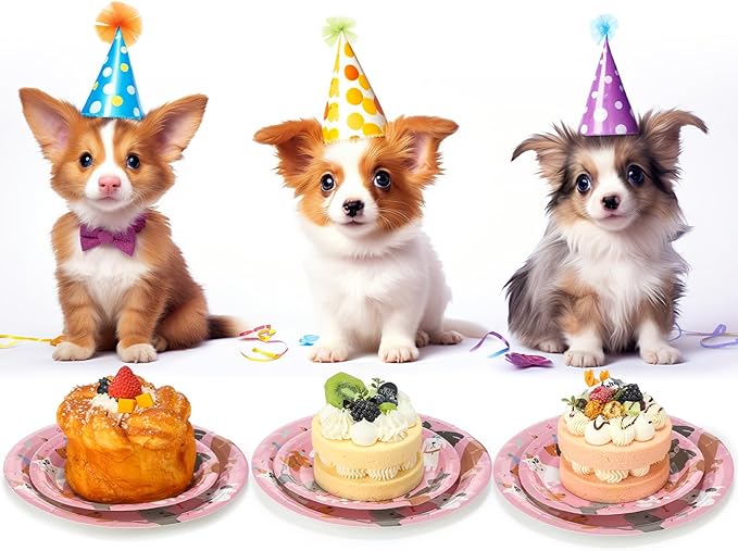 Jinei 350 Pcs Dog Birthday Party Supplies Pink Dog Tableware Set Serves 50 Guests Puppy Birthday Decorations Includes Pink Puppy Plates Cups Napkins Forks Knives Spoons for Party Supplies