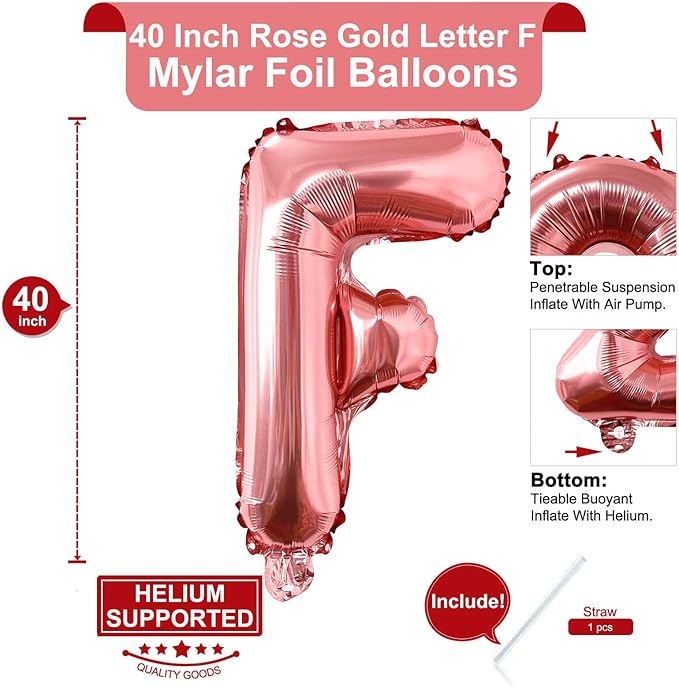 Lovoir 40 Inch Rose Gold Letter F Balloon - Jumbo Mylar Foil Helium Balloon for Birthday Party Celebration Decorations - Alphabet - Reusable Imprint Technology