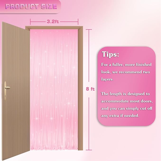 Pastel Pink Tinsel Curtain Backdrop, 3.28 x 8ft Extra Long Macaron Pink Foil Fringe Curtain with Extra Backup Tape, Party Decoration for Easter, Birthday & Photo Booth, 2 Pack
