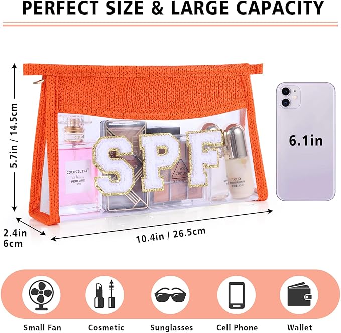 SPF Sunscreen Bag Clear Makeup Bag Chenille Letter SPF Cosmetic Zipper Pouch Summer Beach Essential Cute Toiletry Pouch Travel Accessories Gifts for Women
