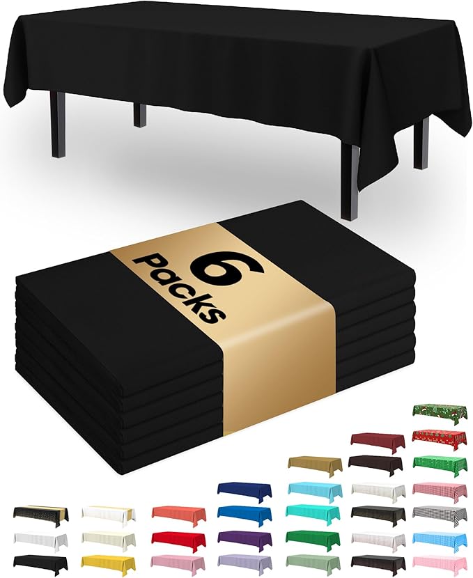 Pureegg Plastic Table Cloth Disposable 6 Pack, 54 x 108 Inch Table Cloths, Halloween Party Decorations, Summerween Decor, Halloween Tablecloths, Rectangle, Plastic Cover, Waterproof, Black