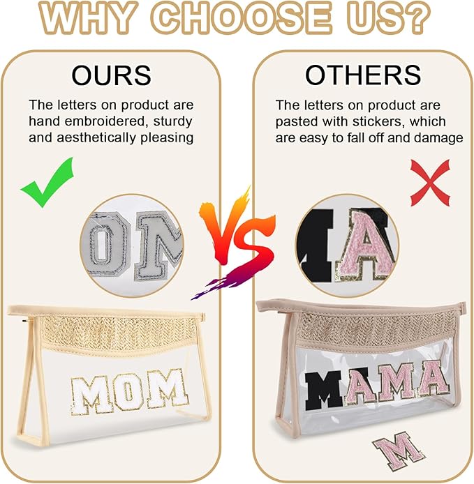 Boho Patch Mama Bag Clear Makeup Letter Bag for Mom, Waterproof Zipper Make up Bags Toiletry Pouch for Women Girls, Clear Letter Patch Cosmetic Bags Transparent Organizer Pouch for Travel(Mom, Beige)