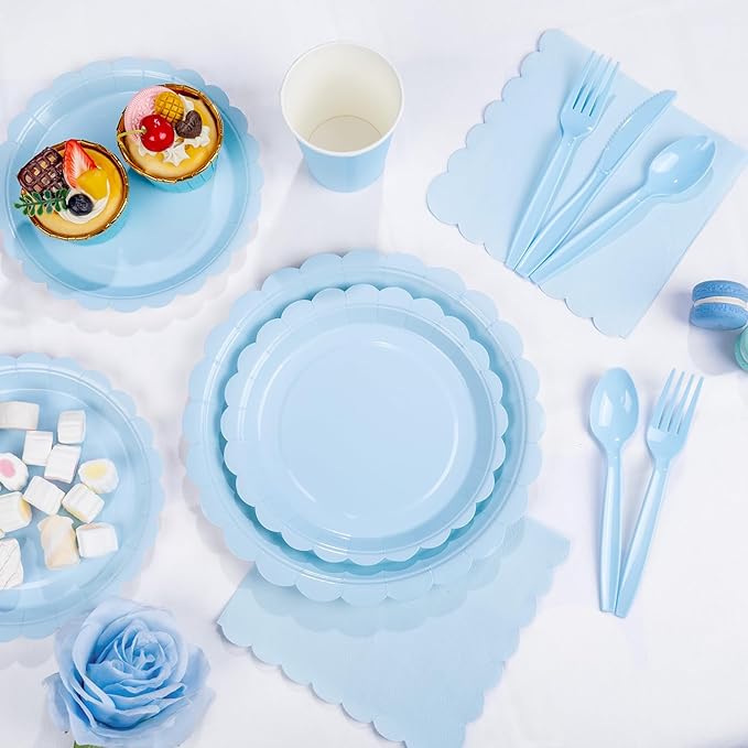 LIYH 350 Pcs Light Blue Paper Plates and Napkins 50 Guest Blue Party Supplies Include Scalloped Easter Paper Plates Cocktail Napkins Cups Spoons Forks Knives for Baby Shower,Birthday