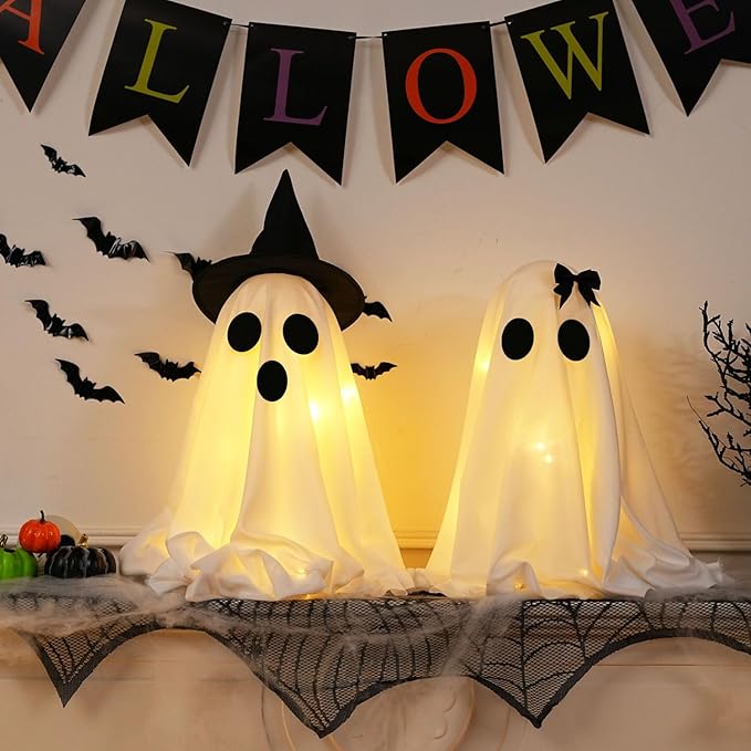 [Timer] Light Up Halloween Scary Ghost Decorations, Set of 2 DIY Spooky Crafts for Indoor Home Mantel Shelf & Tabletop Decor White