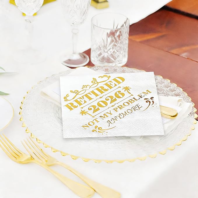 Retired 2026 Cocktail Napkins, 50 Pack 3-Ply Retirement Party Decorations Supplies, Gold Foil Disposable Napkins for Farewell,Coworker Goodbye & Going Away Celebration (5"x5")