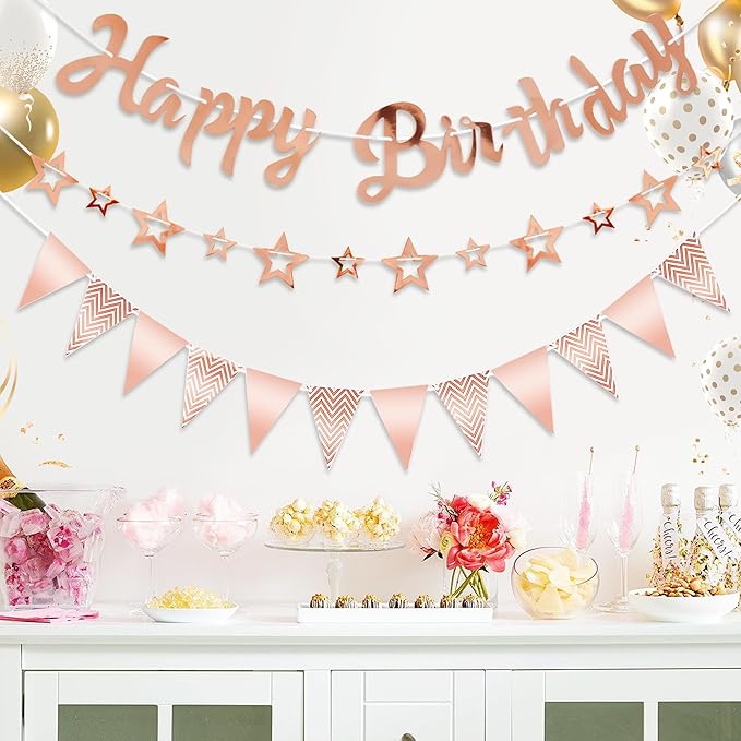 CANREVEL 3 PCS Rose Gold Happy Birthday Banners, Hanging Stars Garland and Pennant Banner Flags, Rose Gold Party Decorations, Rose Gold Party Supplies for Women Men Girls Boys Adult