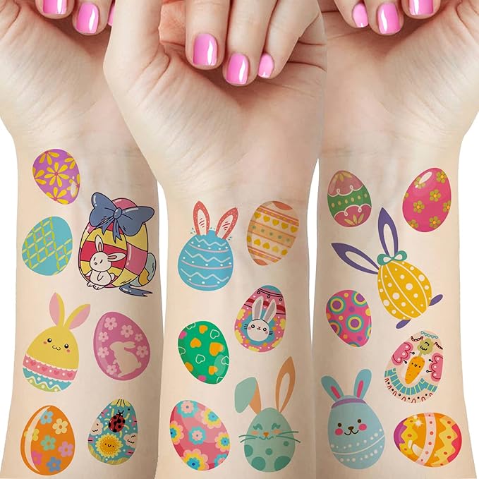 80+ Pieces Easter Egg Tattoos for Kids, 10 Sheets Easter Bunny Egg Tattoo Stickers for Easter Party Decorations Favors Supplies