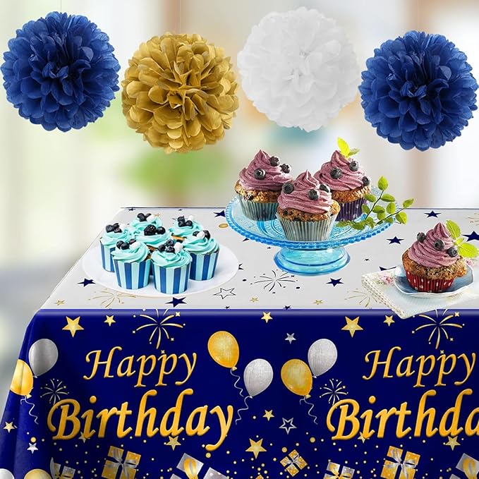Navy Blue Gold White Paper Flowers Tissue Pom Poms Honeycomb Lanterns 15pcs Royal Party Decorations Birthday Wedding Baby Bridal Shower Bachelorette Graduation Hanging Supplies Mprocherify