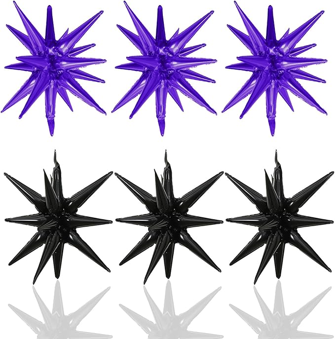 6PCS Purple Black Star Balloons, 22Inch Large Star Shaped Balloon Foil Spike Balloon Cone Balloons for Girls Women Birthday Graduation Halloween Party Decorations