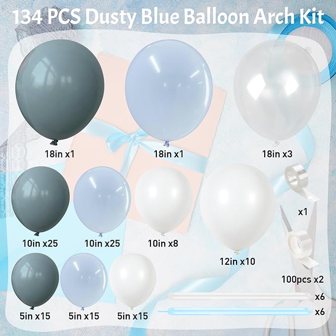 Dusty Blue Balloons Arch Kit, 134 Pcs Muted Light Baby Slate Blue and White Balloon Garland mit 18 Inch Pale Clear Balloon *5, Long Balloon as Bow Decor for Baby Shower Boy Gender Reveal Wedding