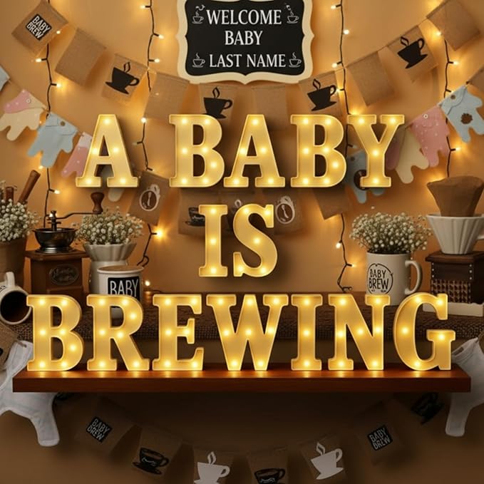 Honoson 14 Pcs a Baby Is Brewing Baby Shower Party Decorations, LED Letter Lights Sign, Table Decor for Gender Reveal, Welcome Boy or Girl, Diaper Party Supplies