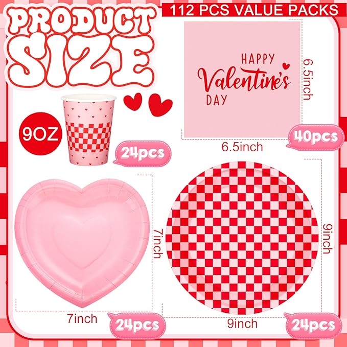 Zhehao 112 Pcs Valentine's Day Party Supplies Set for 24 Guests Paper Plates 9 oz Cups Napkins and Cutlery Pink and Red Plaid Ladies Celebration Party Decor Women Supplies