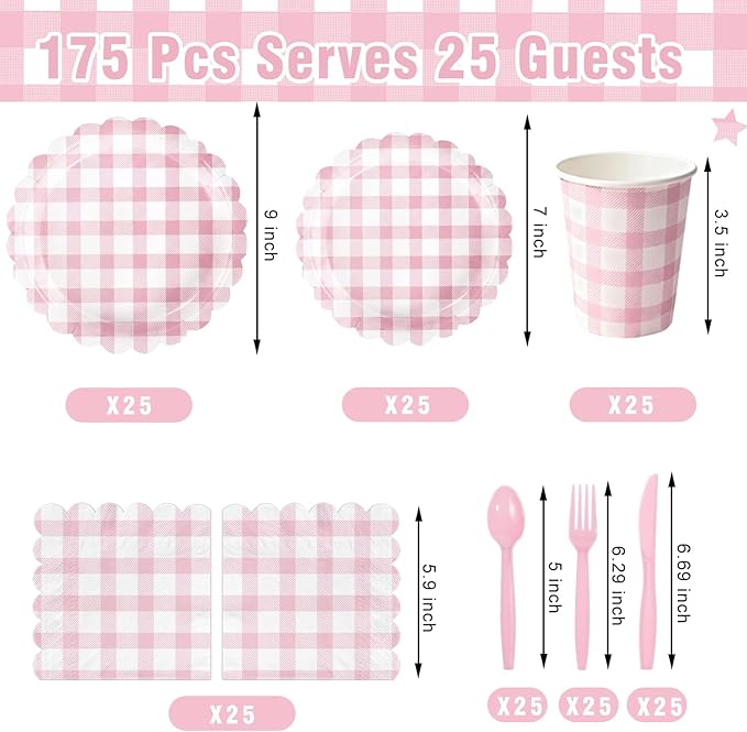 175 PCS Pink Gingham Party Supplies Includes Pink Gingham Paper Plates, Cups, Napkins, Cutlery for Baby & Bridal Shower, Wedding, Birthday Party, Outdoor Picnic, Serves 25