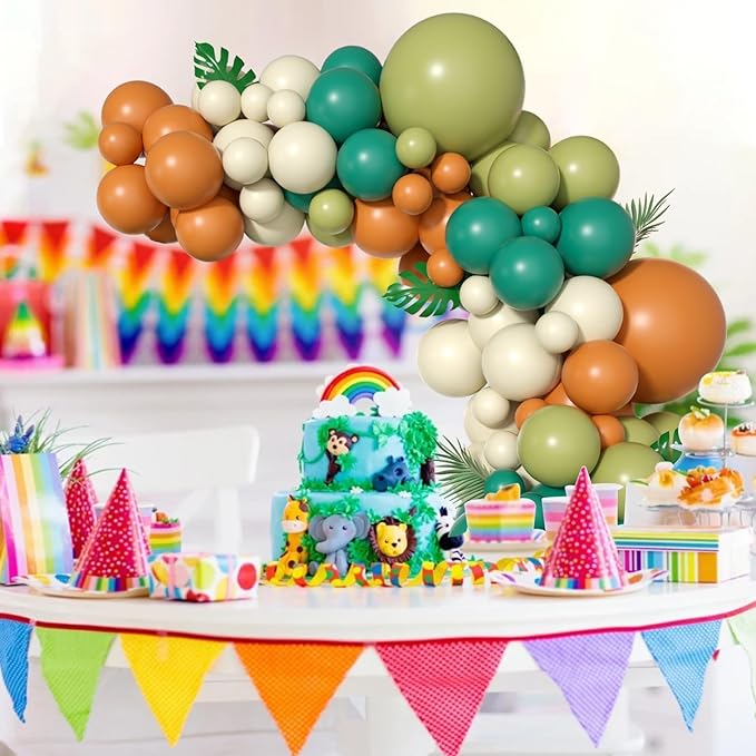Sage Green Brown Balloon Garland Kit, 105PCS Jungle Safari with Sand White Latex Balloons, Arch for Boys Birthday Kids Party Decorations