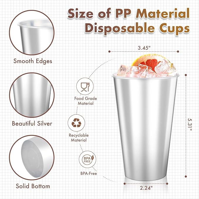 Disposable Plastic Cups 50 Pcs 16oz Silver Drinking Cup. These Disposable Cups for Both Hot and Cold Drinks, Including Coffee and Cocktails. Ideal for Weddings, Birthdays, Parties, and Picnics