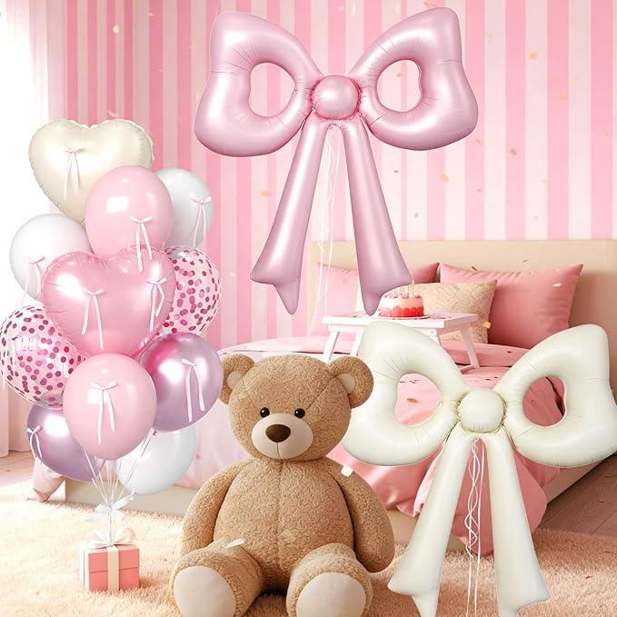 Pink and Cream Heart Balloons, 38 Inch Bow Balloons, White Metallic Pink Confetti Balloon with Bow Ribbons for Girls Women Birthday Wedding Bridal Baby Shower Valentines Day Decorations