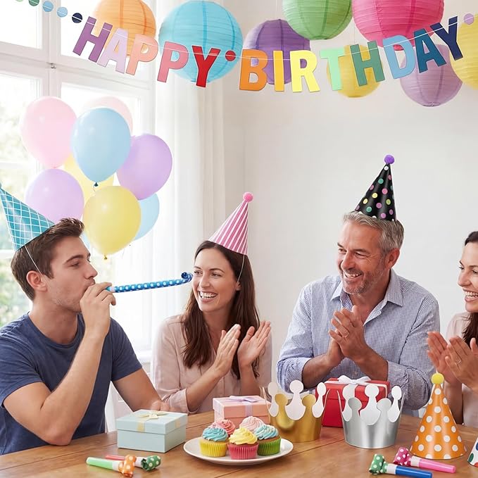 22PCS Birthday Party Hats Set Includes 1PC Happy Birthday Banner, 11PCS Cone Hats and 10PCS Party Blowers, Reusable Birth day Hat Set for Holiday Decorations, Photo Props, Birth Day Parties Supply
