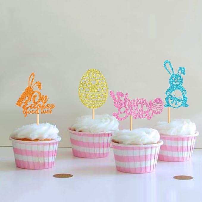 Ercadio 24Pcs Happy Easter Cupcake Toppers Glitter Bunny Easter Eggs On Easter Good Luck Cupcake Picks for Happy Easter Cupcake Decors Easter Baby Shower Birthday Wedding Party Supplies