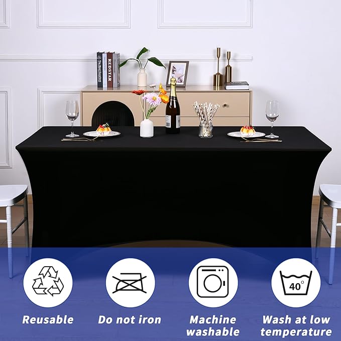 Fixwal 12 Pack Black Spandex Table Covers for 6 Foot Tables, Rectangular Fitted Stretch Table Cloth Rectangle Table for Wedding, Banquet, Party, Events
