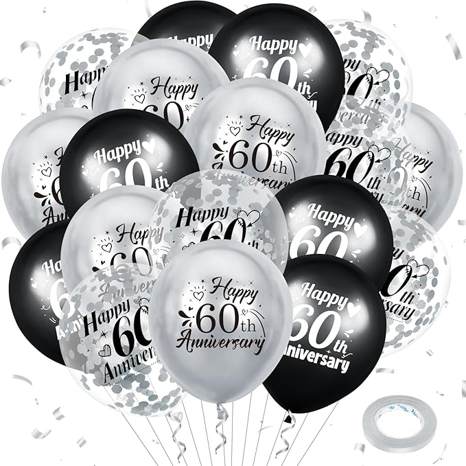 60th Anniversary Balloons 18Pcs Black Silver 60th Anniversary Party Decorations for Women Men Black Silver 12Inch Happy 60 Latex Confetti Balloons for Indoor Outdoor Party Supplies