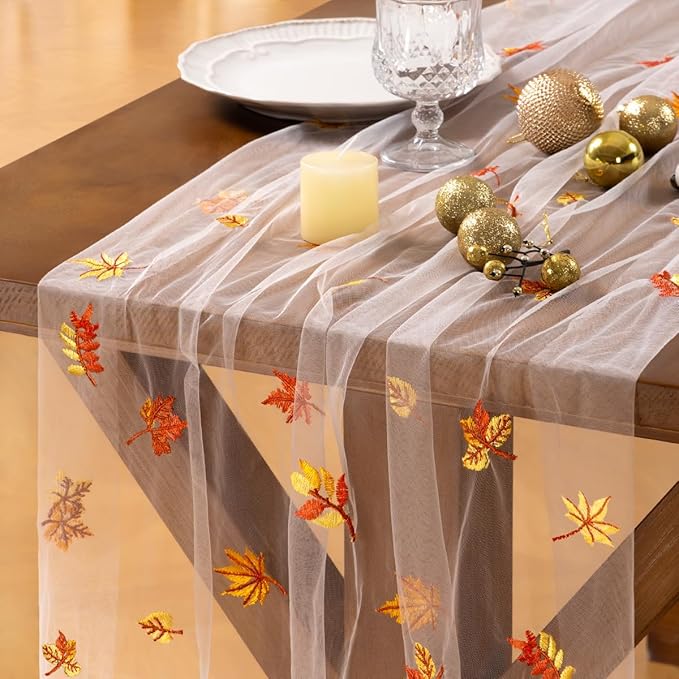 Socomi 3pcs Falll Thanksgiving Table Runner Maple Leaf Tulle Gauze Cheesecloth Embroidery Sheer Table Runners for Wedding Party Baby Shower Birthday Holiday Picnic Home Decor