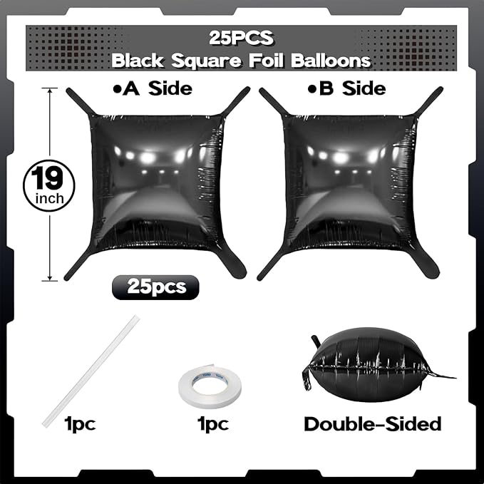 Black Square Foil Balloons Wall, 25PCS Double Sided Metallic Chrome Black Foil Square Balloon Backdrop Tunnel Arch Kit Background Decor for Birthdays Graduation New Year Racing Theme Halloween Wedding