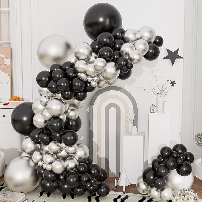 Black and Silver Balloons Garland Arch Kit 144pcs 18/12/10/5inch Black and Metallic Silver Latex Balloons for Birthday Graduation Wedding Retirement Anniversary Baby Shower New Years Party Decorations