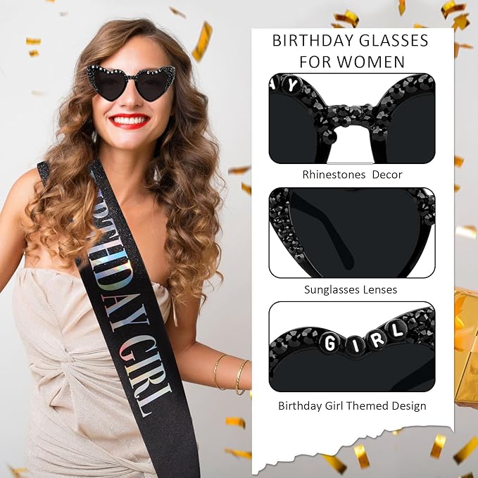 Birthday Girl Sash for Women & Birthday Glasses, Black Birthday Sash for Girls Happy Birthday Sash for Women Girls with Birth day Sunglasses for Woman and Girl
