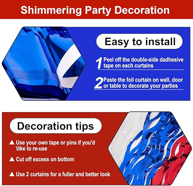 4 Pack White Blue Red Wave Foil Fringe Curtain Backdrop, 3.28Ft x 8.2Ft Metallic Tinsel Foil Fringe Streamer Curtains for Photo Booth, Mother's Day, Easter, Birthday, Wedding Party Decoration