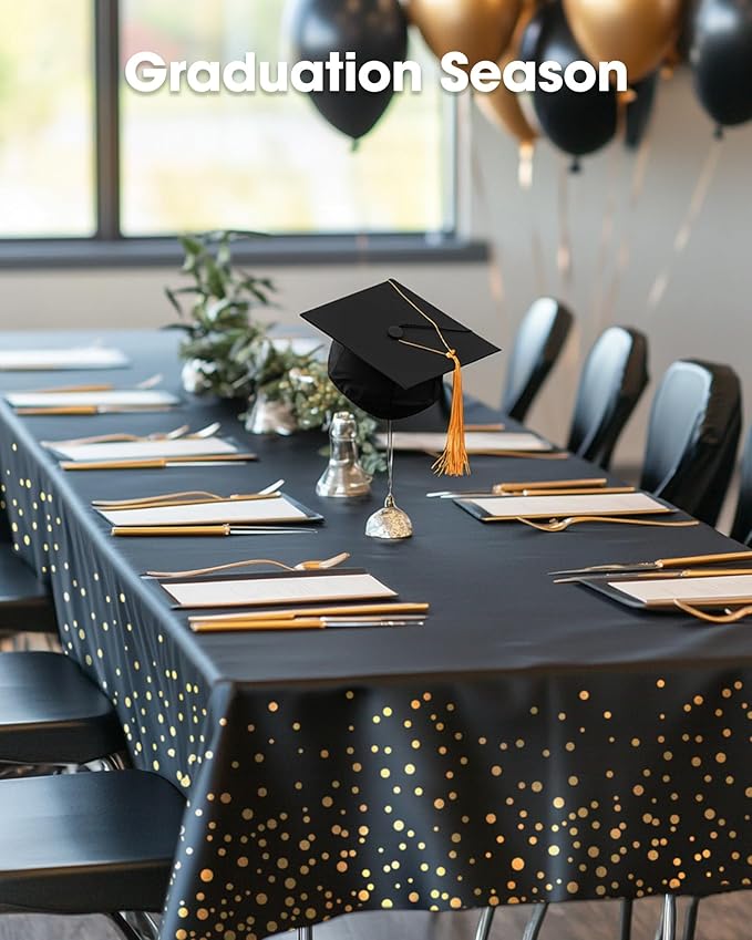 Pureegg Plastic Table Cloth Disposable 8 Pack, 54 x 108 Inch Table Cloths, Graduation Decorations Class of 2026, Graduation Tablecloths, Rectangle, Plastic Cover, Leakproof & Sturdy, Black and Gold