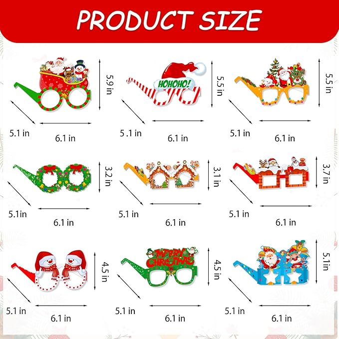 16Pcs Christmas Party Glasses Frames, Funny Xmas Paper Glasses Christmas Eyeglasses Photo Booth Props for Xmas Party Decorations Supplies