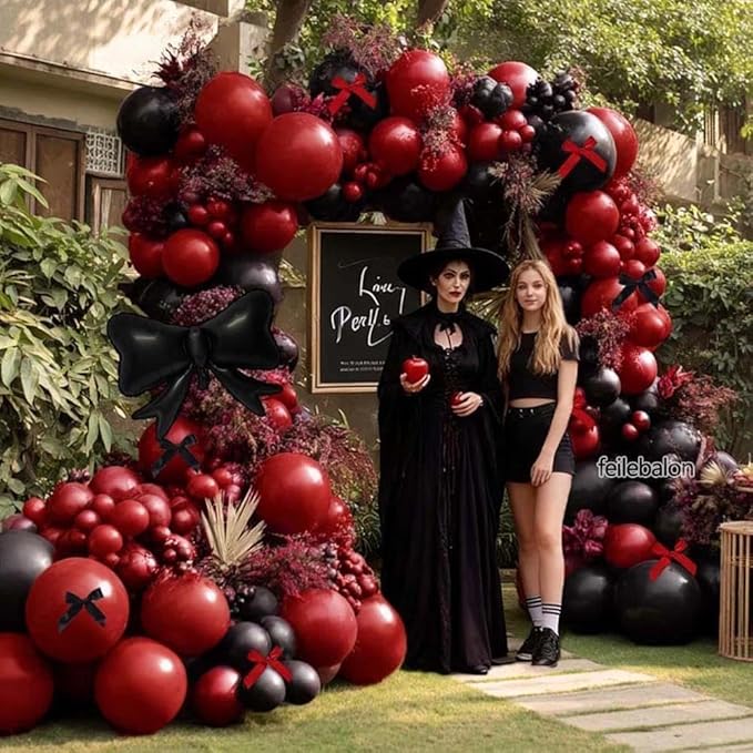 Dark Red Black Balloon Arch Kit with Bow, Double Stuffed Burgundy Black Red Maroon Balloon Garland for Birthday Baby Shower Anniversary Wedding Graduation Valentine‘s Day Party Decoration