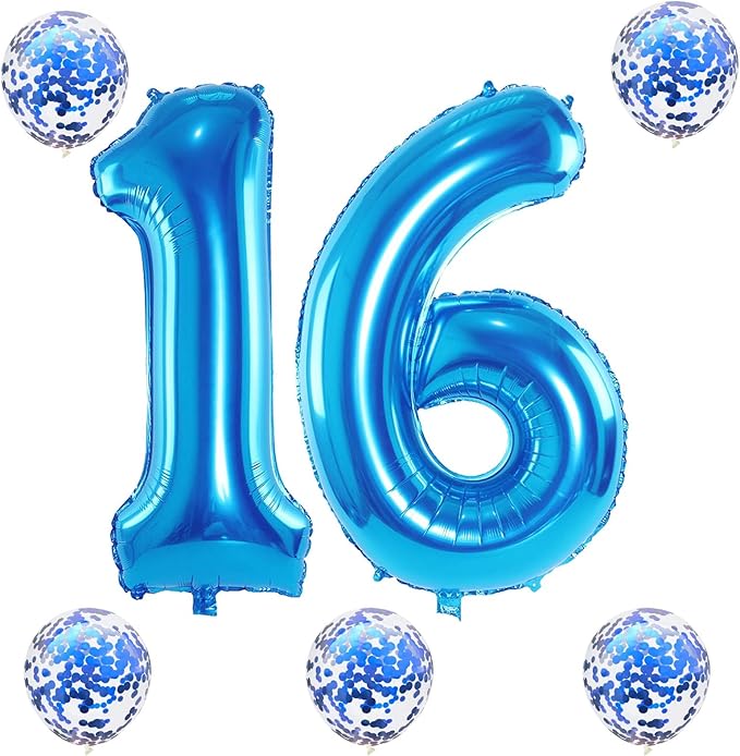 Blue 16 Birthday Balloon Numbers, 40 Inch Large Foil Number 1 & 6 Balloons with Blue Confetti Helium Balloons, 16th 61st Birthday Balloons for Boys Girls Men Anniversary Baby Shower Party Decorations