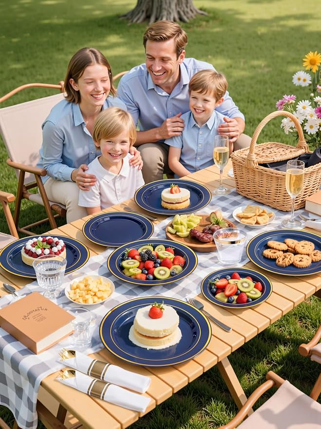 175PCS Blue and Gold Plastic Plates - Navy Blue Plates with Pre Rolled Napkins for Party - 25Guest Disposable Dinnerware Sets for Party/Birthday/Wedding/Passover/Easter