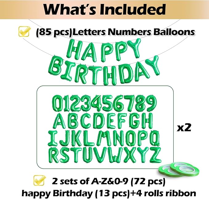 [85 PCS] 16" Green Letter Number Balloons, Happy Birthday & 2 Sets of A-Z 0-9, Foil Mylar Aluminum Hanging Alphabet for Graduation New Year eve Birthday Party Decorations