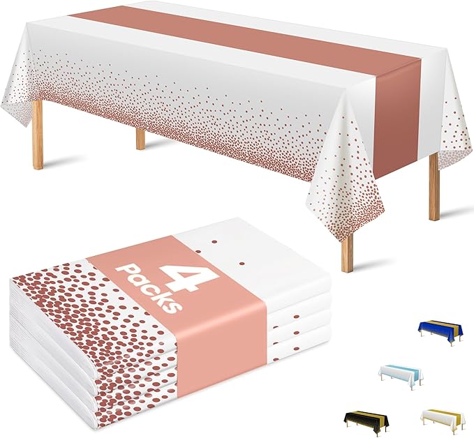 OHOME 4 Pack Disposable Plastic Table Cloths,White and Rose Gold Rectangle Table Covers for Birthday Mothers Day Decor Pink Sweet 16 Party Decorations - Baby Shower Decorations for Girl 54" x 108"