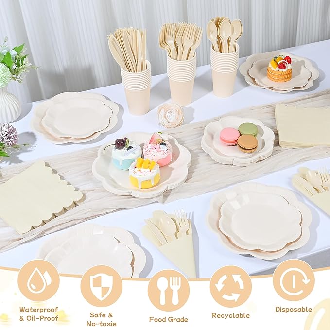 400 Pcs Ivory Paper Plates and Napkins Tableware Set, Ivory Birthday Decorations for 50 Guests Include Scalloped Paper Plate Napkins Cups Plastic Knives fork and spoon for Baby Shower Wedding Birthday