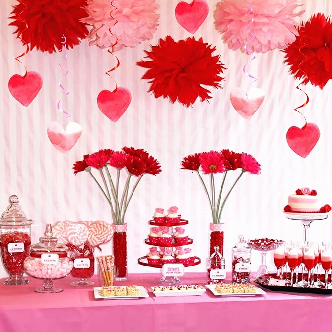 Valentines-Day Red-Pink Heart-Decorations Swirls Streamers - 16pcs Galentines Romantic Decorations Special Night Decor, Mother's Day Engagement Wedding Anniversary Party Favors Supplies Panduola