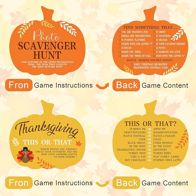 COCHIE Thanksgiving Games for Family Party Adults Office Large Groups, What is Your Turkey Name Games, Autumn Photo Scavenger Hunt Game, Fall This or That Classroom Activities (Pumpkin)